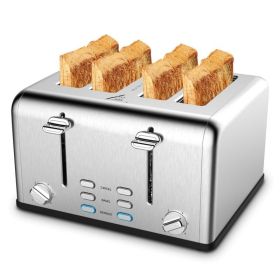 Toaster 4 slices, stainless steel extra-wide slot toaster, dual control panel with bagel/defrost/cancel function, 6 shade settings for baking bread, d