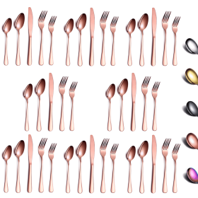 40 Piece Black Silverware Set Stainless Steel Titanium Black Plated Cutlery Set Spoon and Fork Cutlery Set Serving 8 Pieces (Color: Titanium Copper, Material: Stainless Steel)