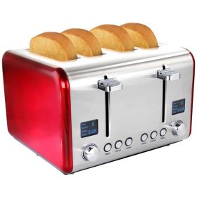 LED Screen Shows 4 Slice Toaster In Stainless Steel (Color: Red & Silver)
