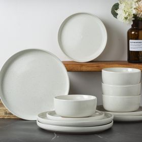 Plates and Bowls Set; 12 Pieces Dinnerware Sets; Dish Set for 4 (Color: White, Material: Stoneware)